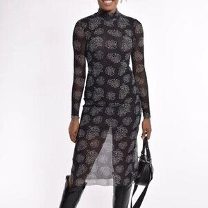 Baum Und Pferdgarten Rose Print Mesh Black Gothic Fairy Grunge Core Midi Dress L